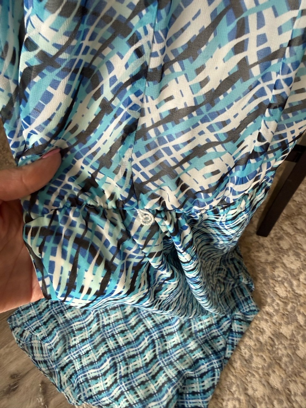 NWT Calvin Klein Halter Maxi Dress Blue Abstract Print Chiffon Ruched Size 14 - Picture 4 of 10